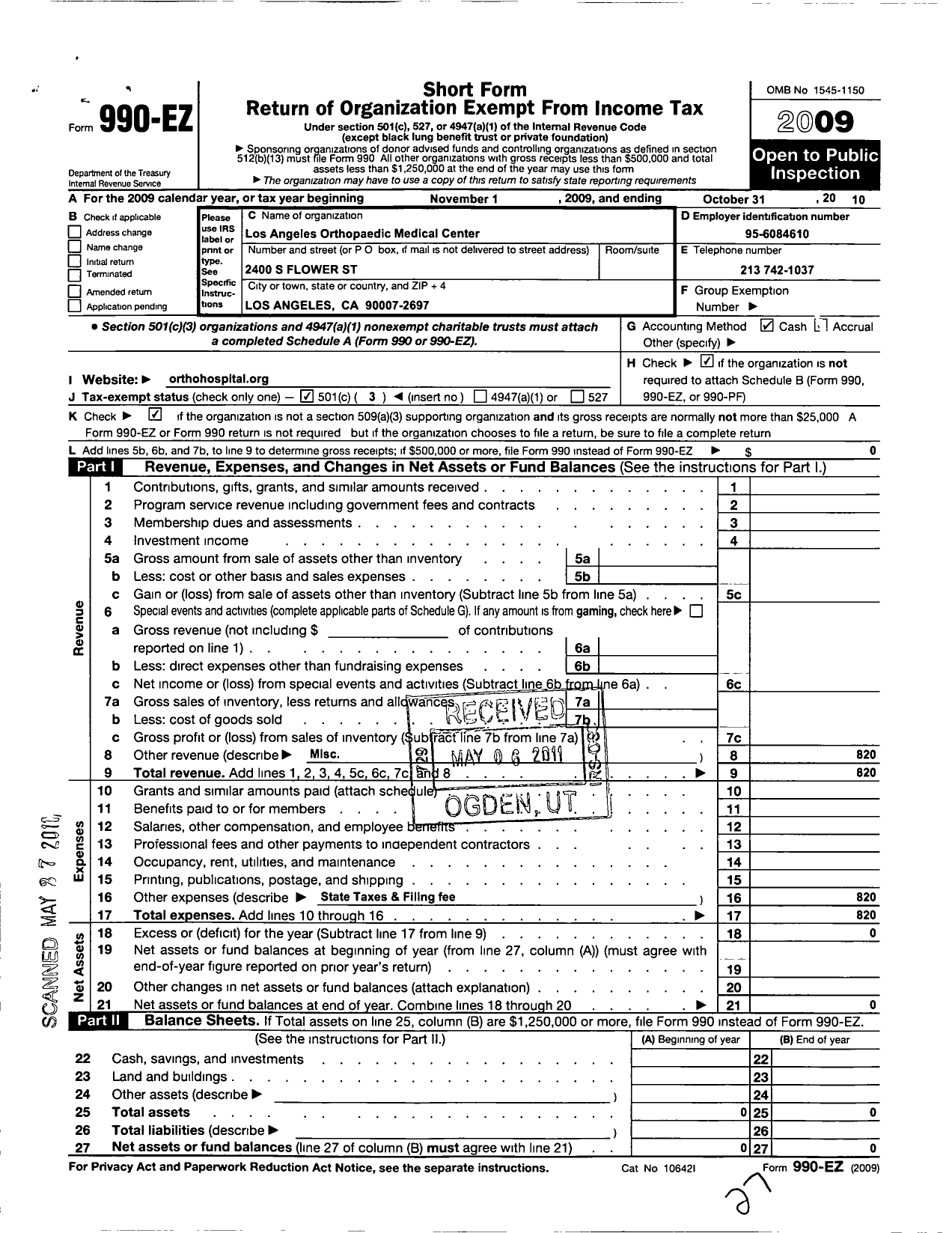 Image of first page of 2009 Form 990EZ for Los Angeles Orthopaedic Medical Center