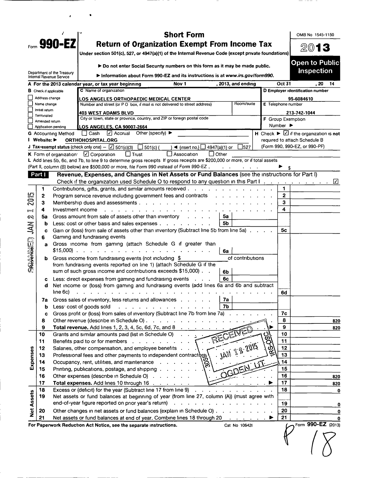 Image of first page of 2013 Form 990EZ for Los Angeles Orthopaedic Medical Center