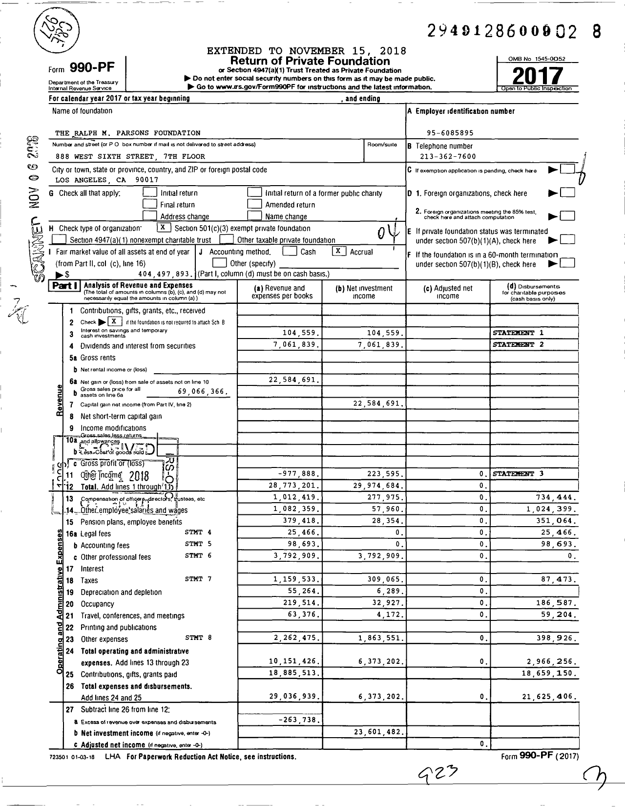 Image of first page of 2017 Form 990PF for Ralph M. Parsons Foundation