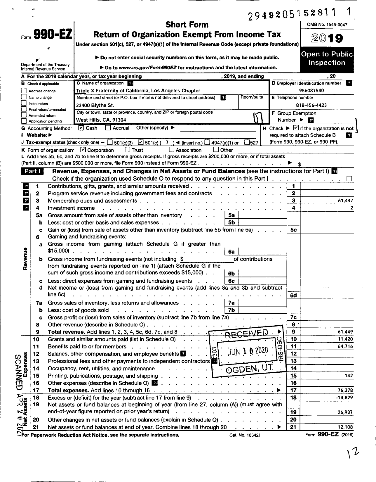 Image of first page of 2019 Form 990EO for Triple X Fraternity of California Los Angeles Chapter