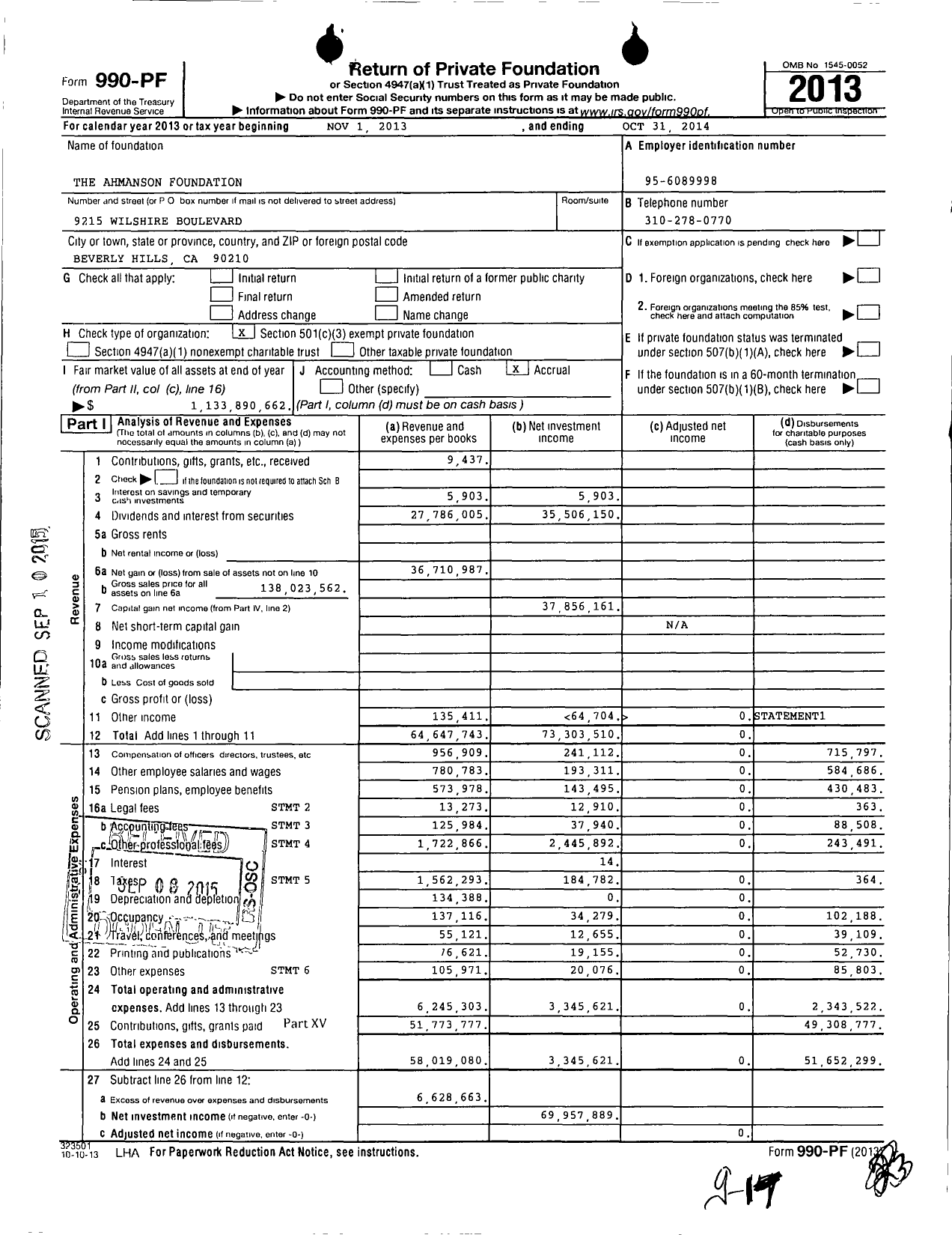 Image of first page of 2013 Form 990PF for The Ahmanson Foundation