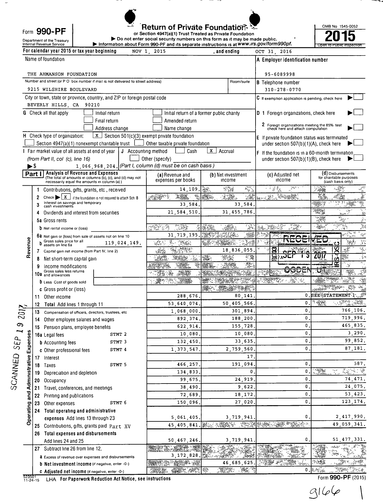 Image of first page of 2015 Form 990PF for The Ahmanson Foundation
