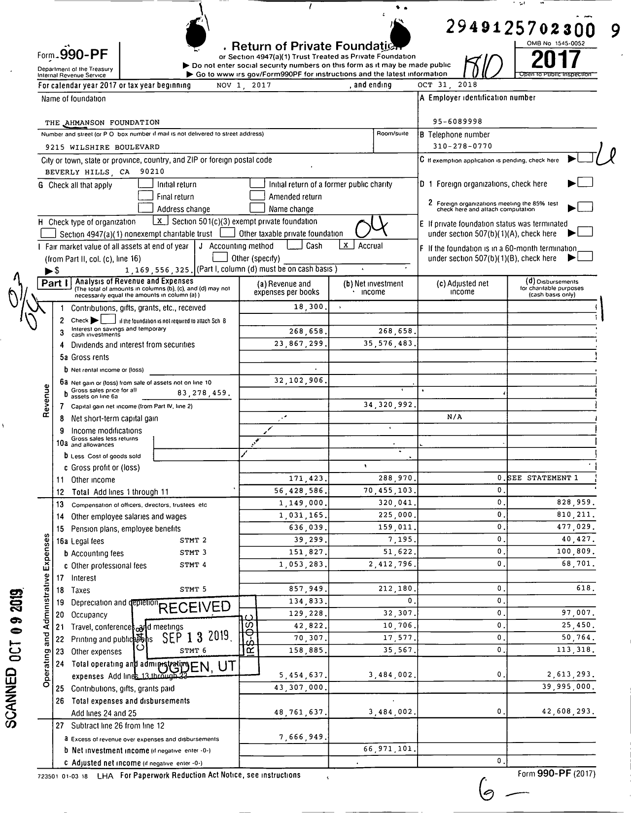 Image of first page of 2017 Form 990PF for The Ahmanson Foundation