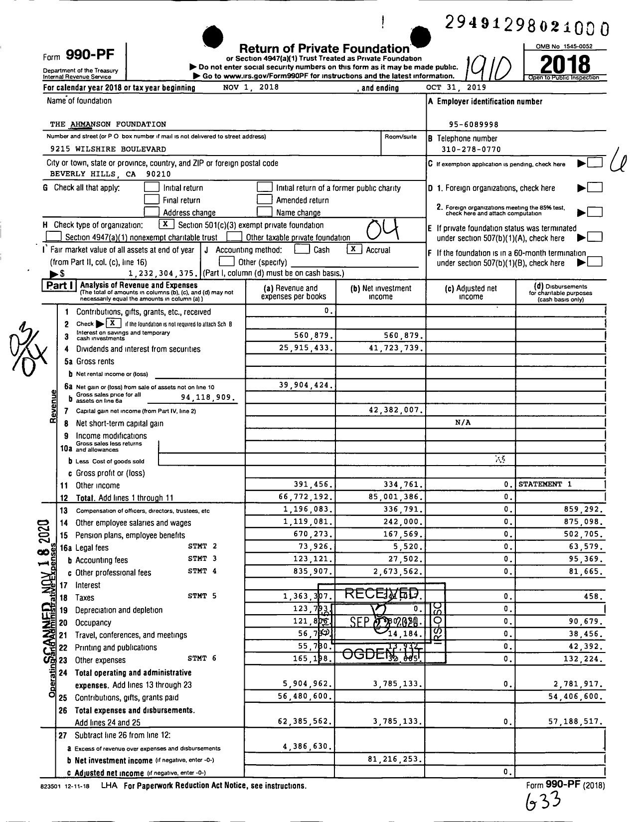 Image of first page of 2018 Form 990PF for The Ahmanson Foundation