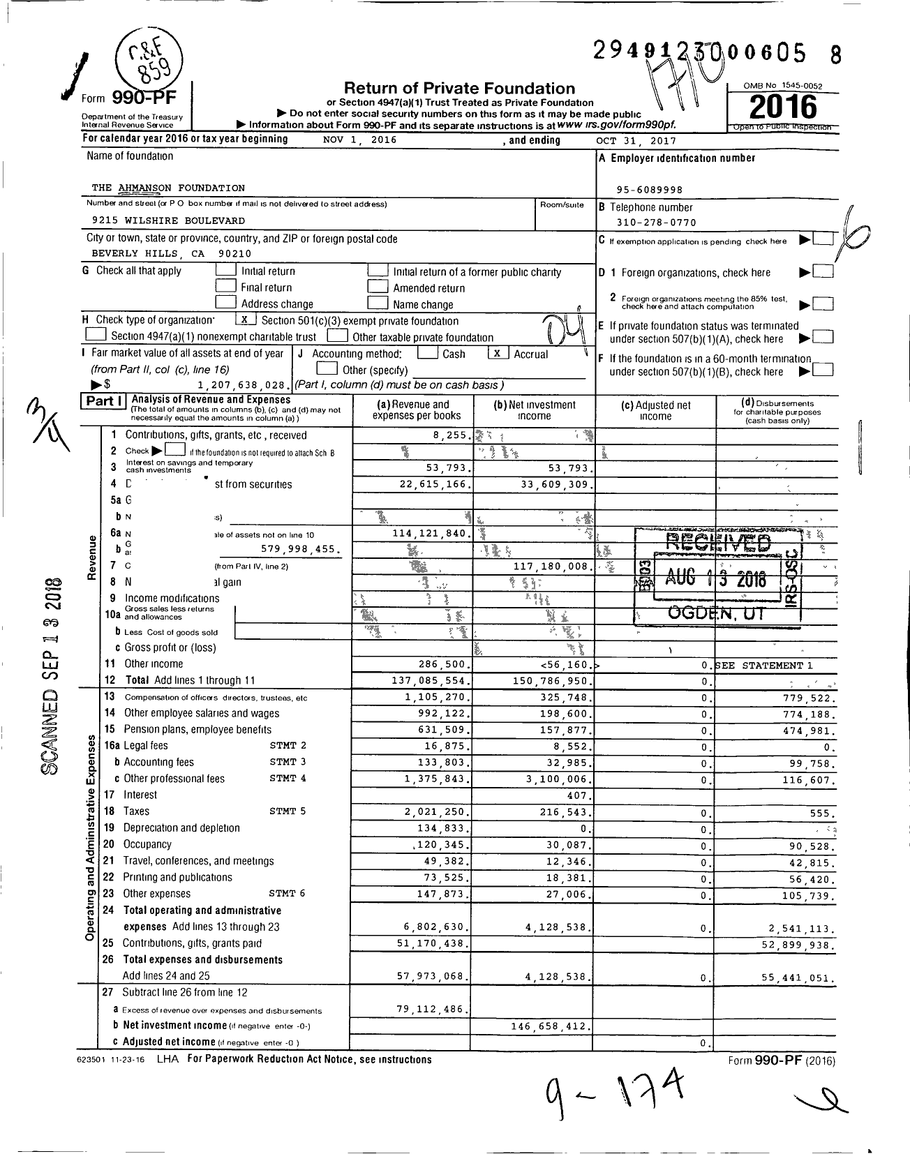 Image of first page of 2016 Form 990PF for The Ahmanson Foundation