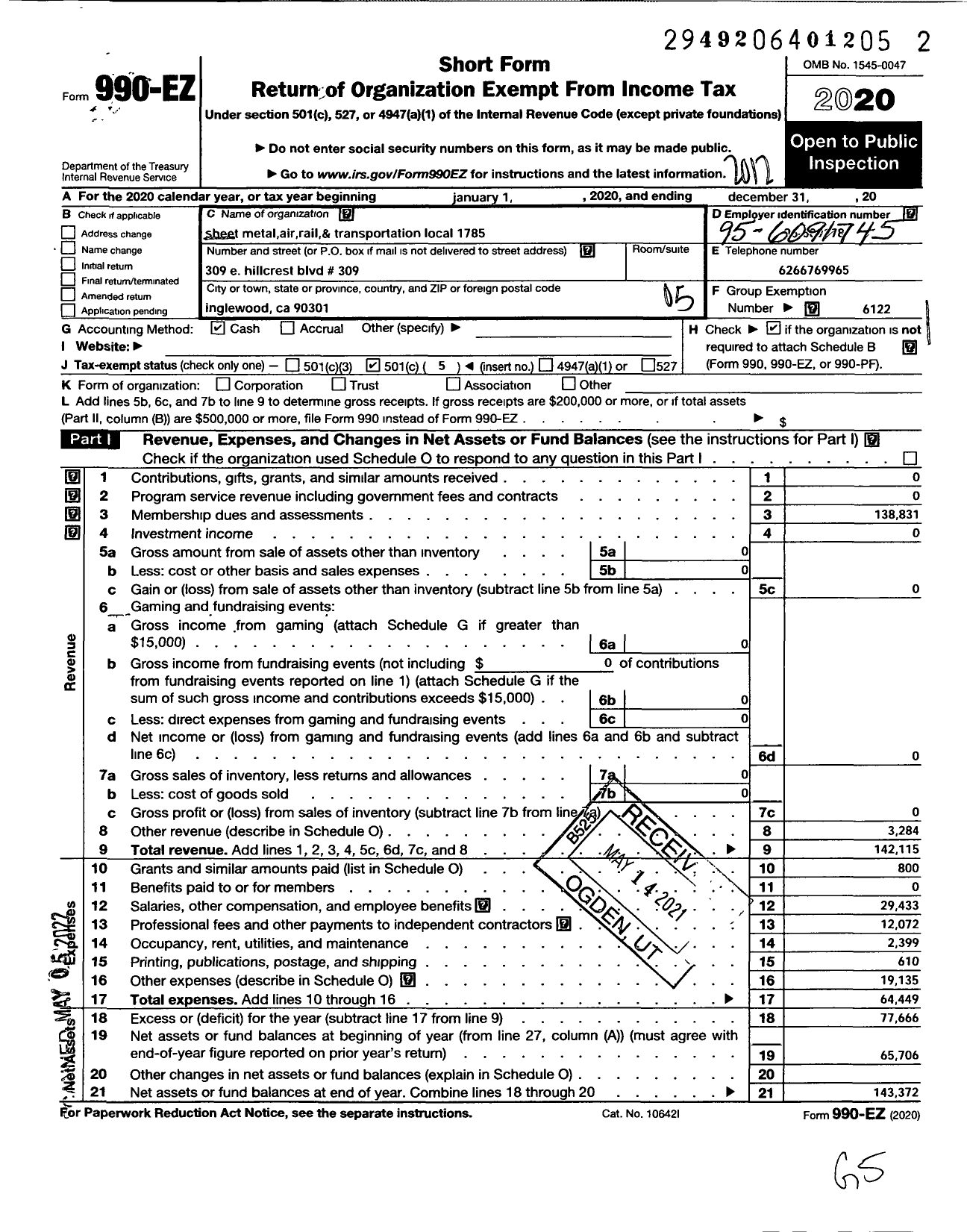 Image of first page of 2020 Form 990EO for Smart Union - 1785 TD