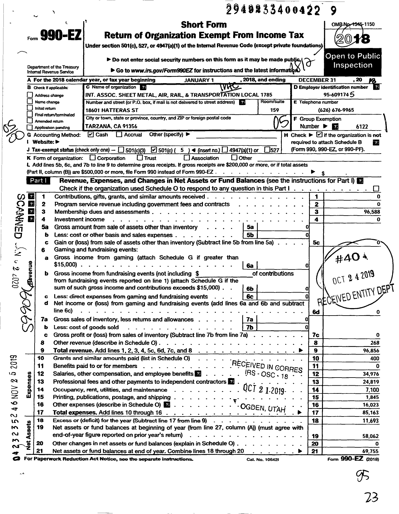 Image of first page of 2018 Form 990EO for Smart Union - 1785 TD