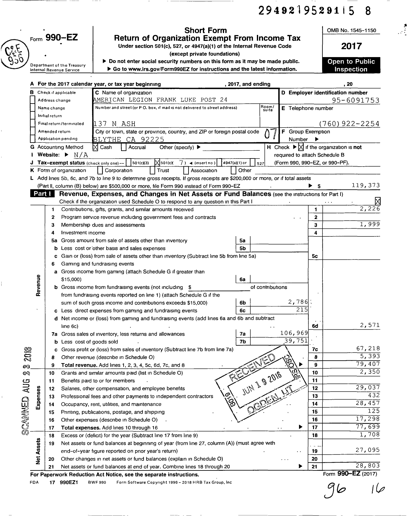 Image of first page of 2017 Form 990EO for American Legion 24 Frank Luckecapost