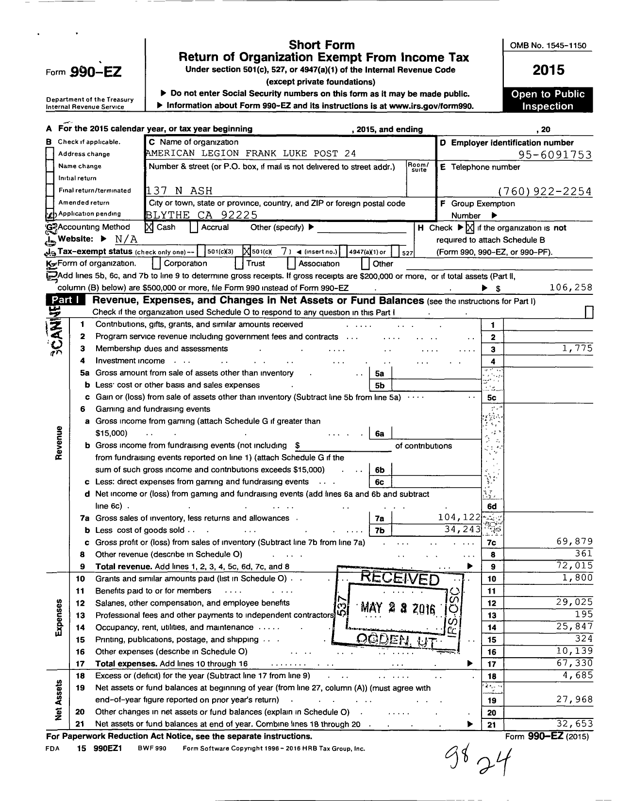 Image of first page of 2015 Form 990EO for American Legion 24 Frank Luckecapost