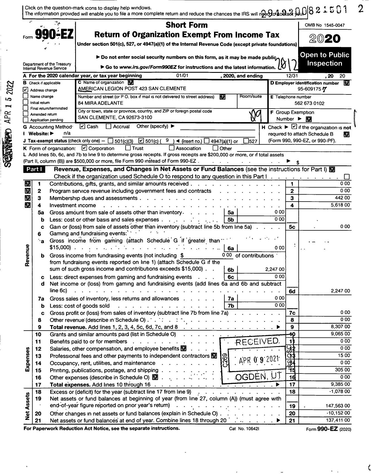 Image of first page of 2020 Form 990EO for American Legion - 423 San Clemente Ca Post