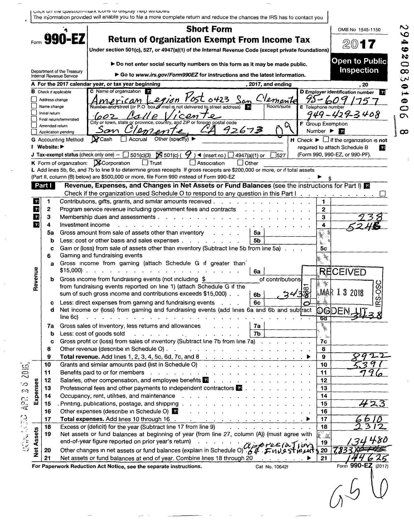 Image of first page of 2017 Form 990EO for American Legion - 423 San Clemente Ca Post