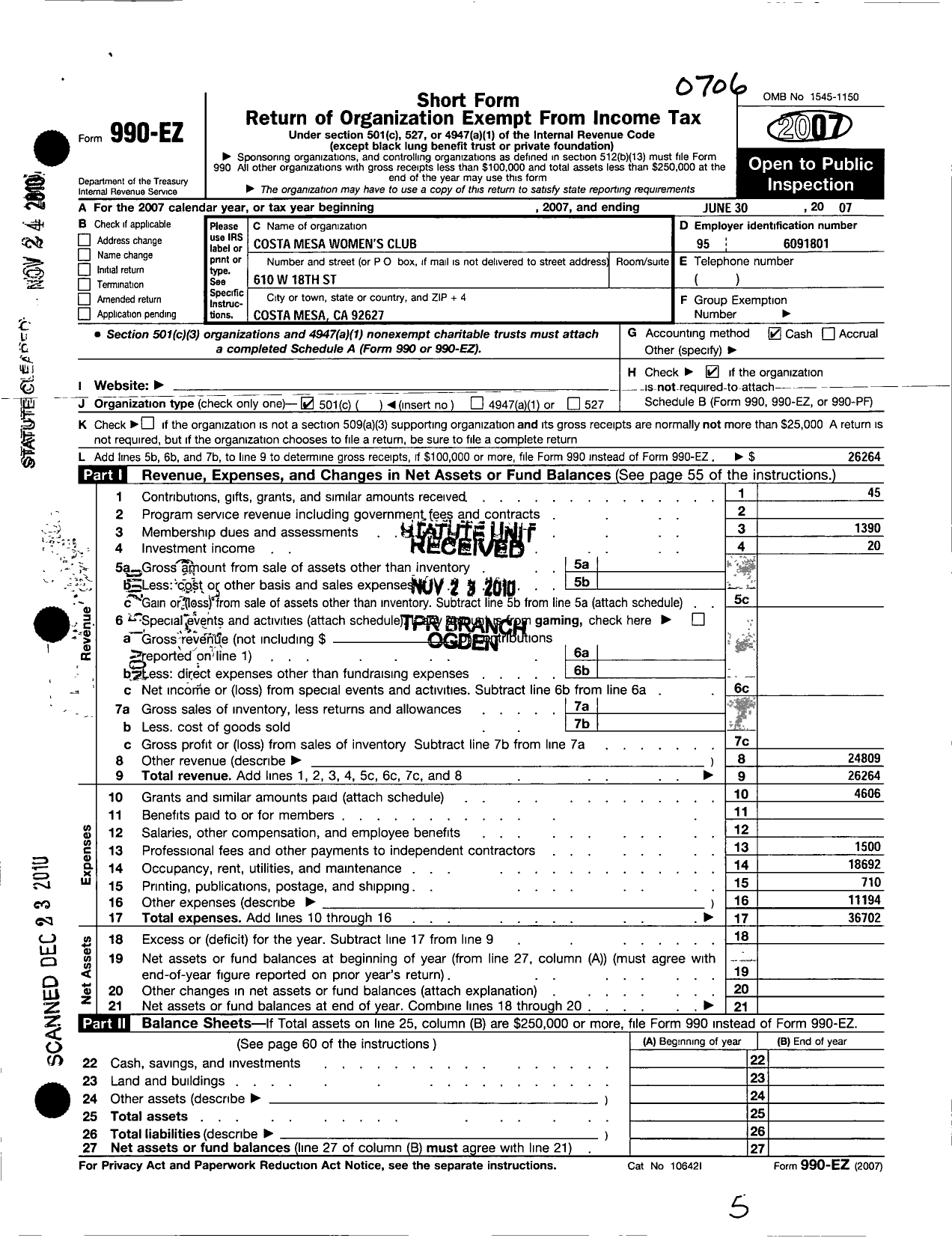 Image of first page of 2006 Form 990EO for Costa Mesa Womens Club