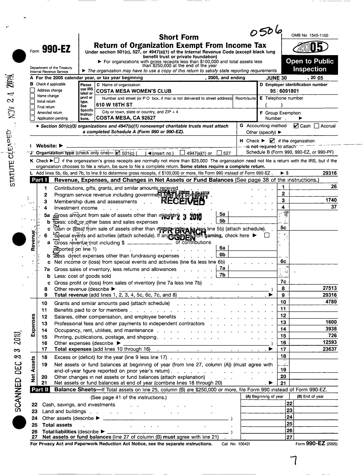 Image of first page of 2004 Form 990EO for Costa Mesa Womens Club