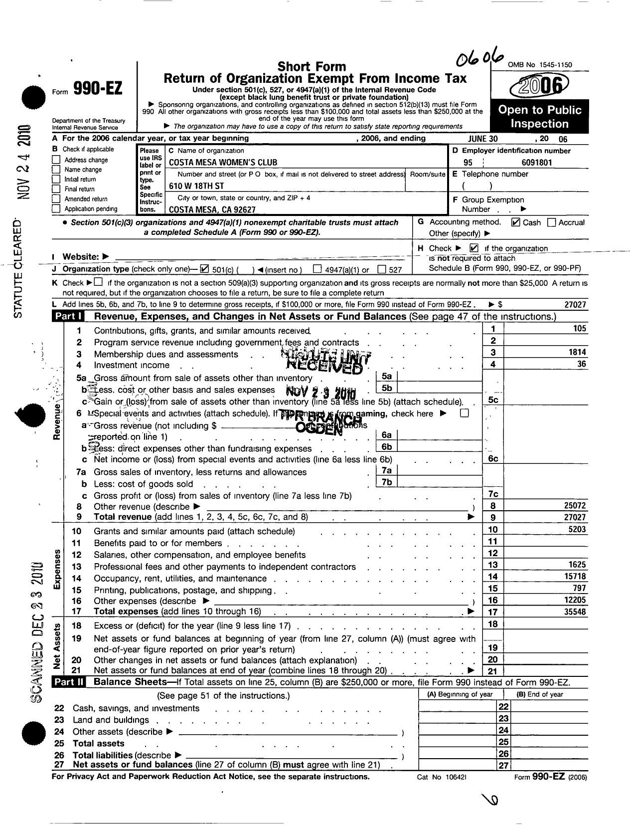 Image of first page of 2005 Form 990EO for Costa Mesa Womens Club