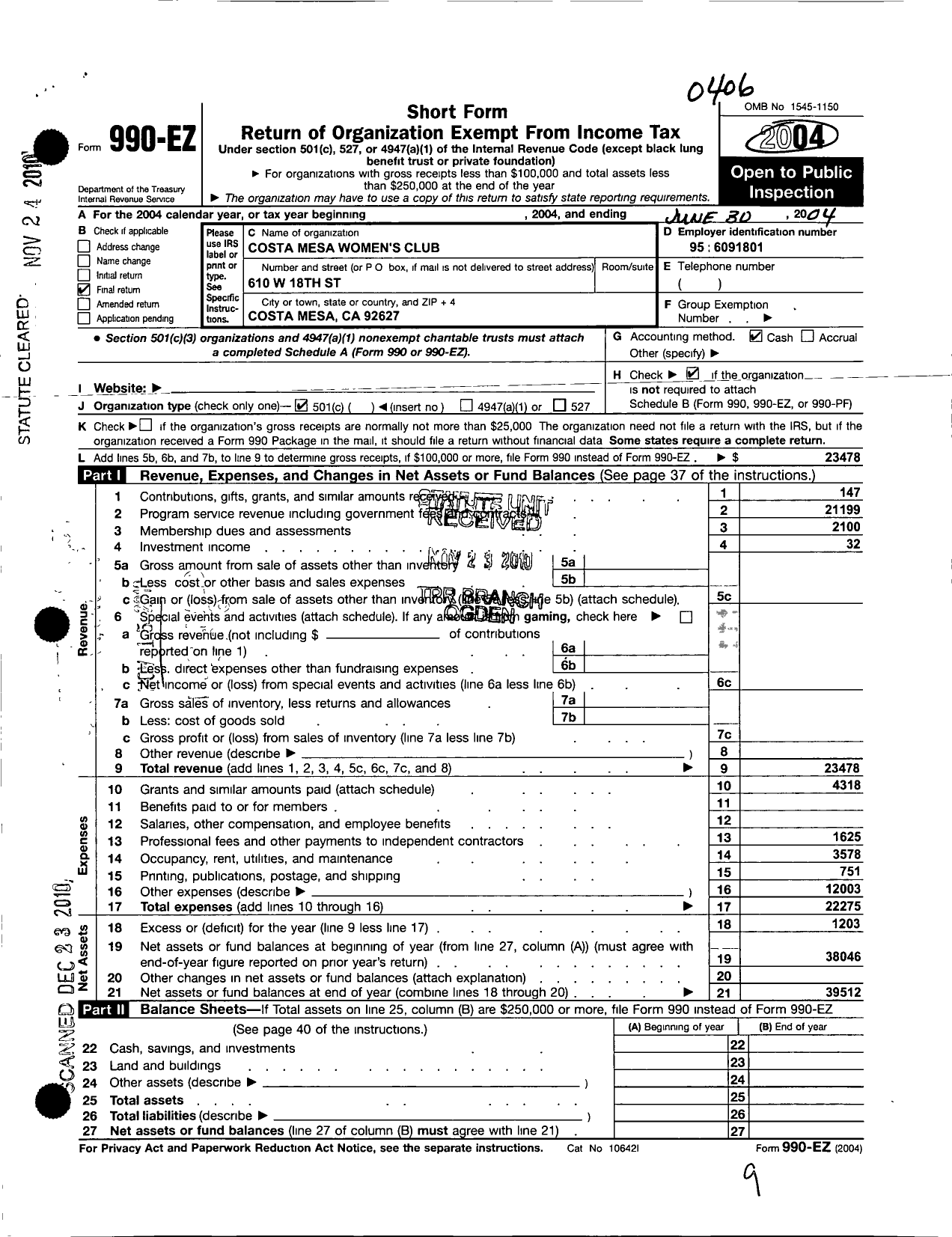 Image of first page of 2003 Form 990EO for Costa Mesa Womens Club