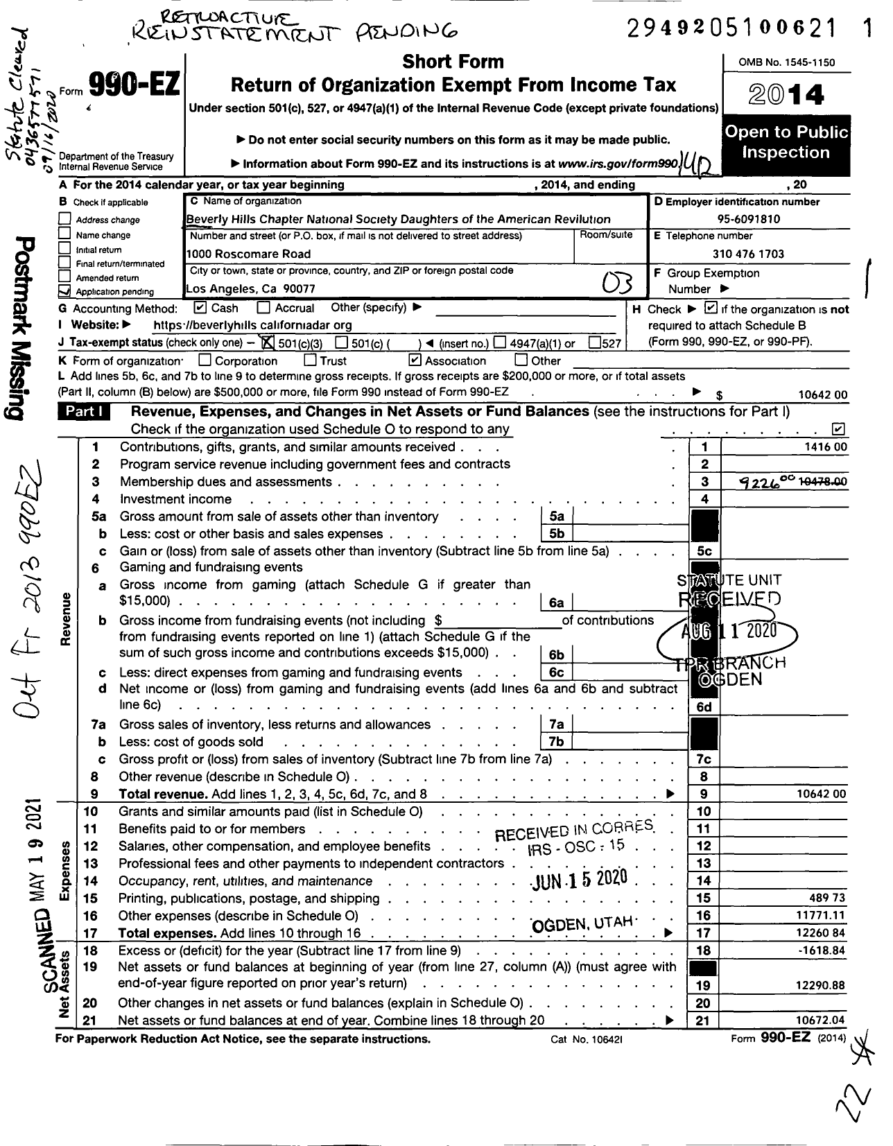 Image of first page of 2014 Form 990EZ for National Society of the Daughters of the American Revolution Beverly