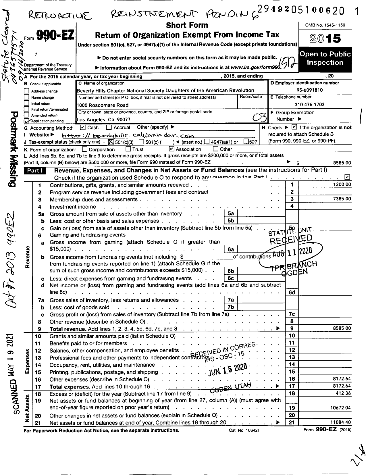 Image of first page of 2015 Form 990EZ for National Society of the Daughters of the American Revolution Beverly