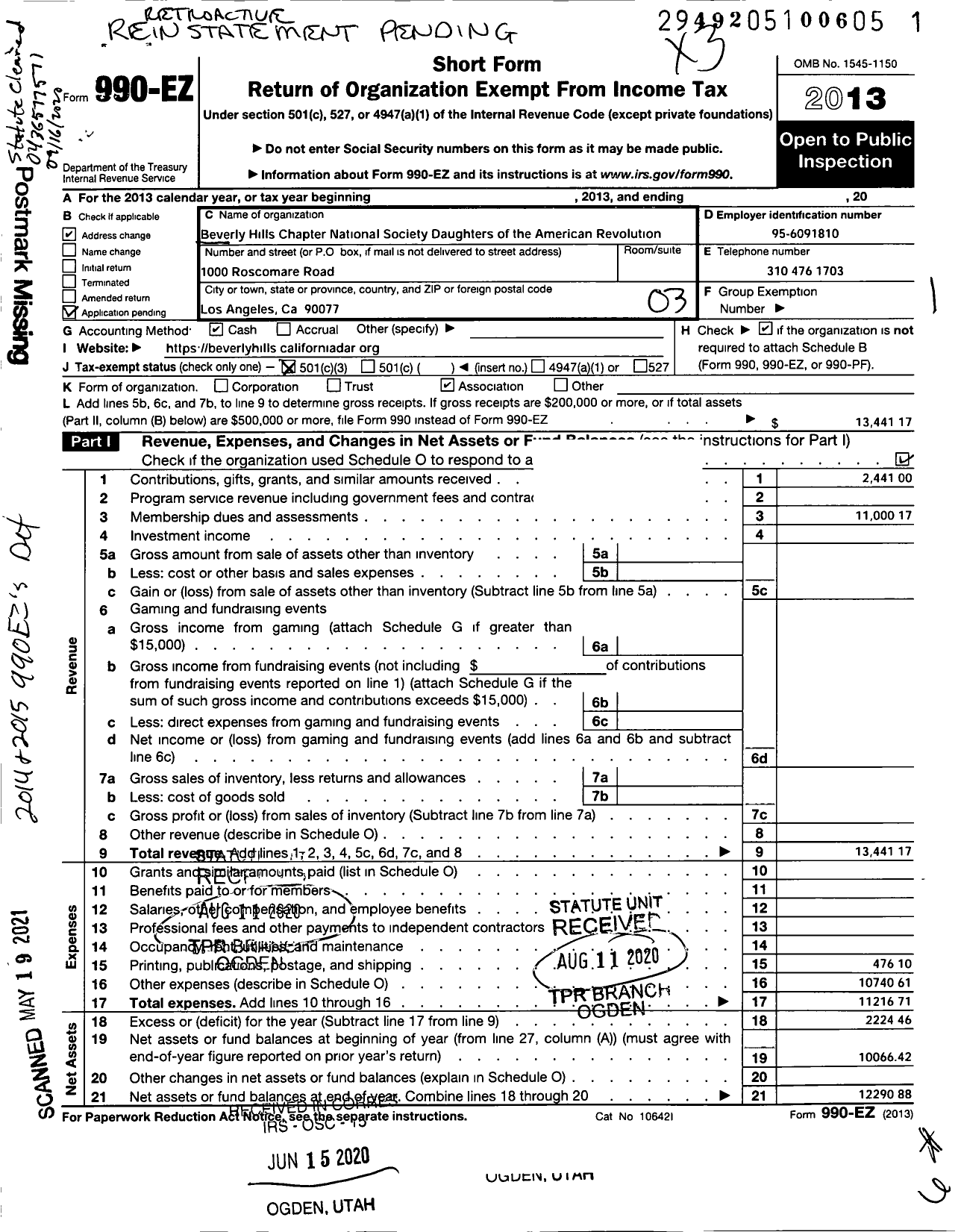 Image of first page of 2013 Form 990EZ for National Society of the Daughters of the American Revolution Beverly