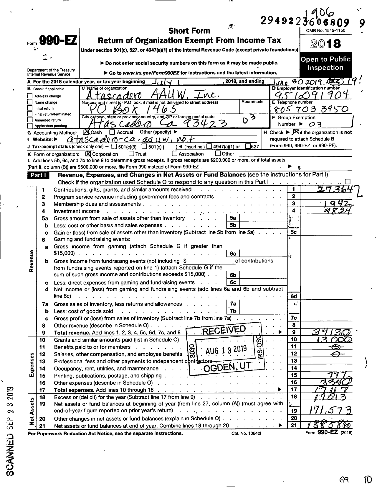 Image of first page of 2018 Form 990EZ for Atascadero Aauw