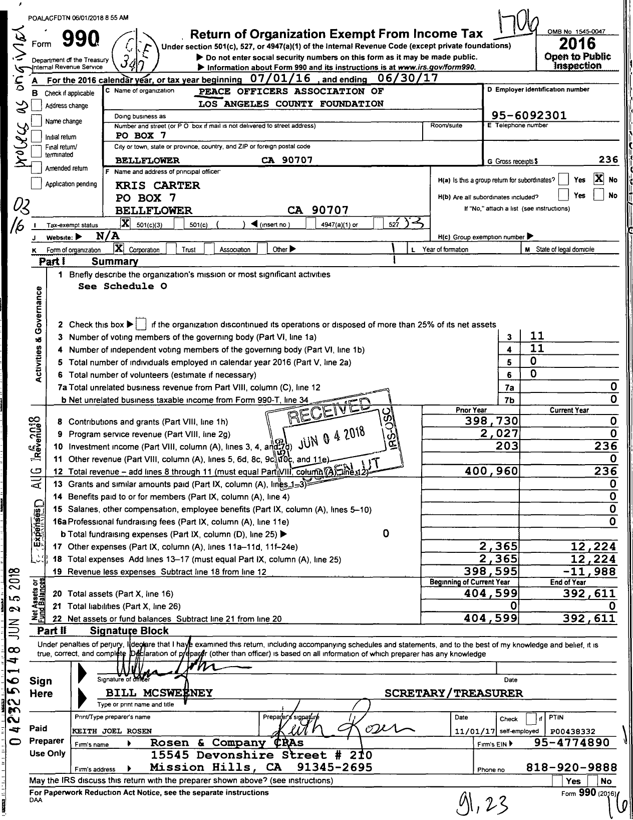 Image of first page of 2016 Form 990 for Peace Officers Association of Los Angeles County Foundation