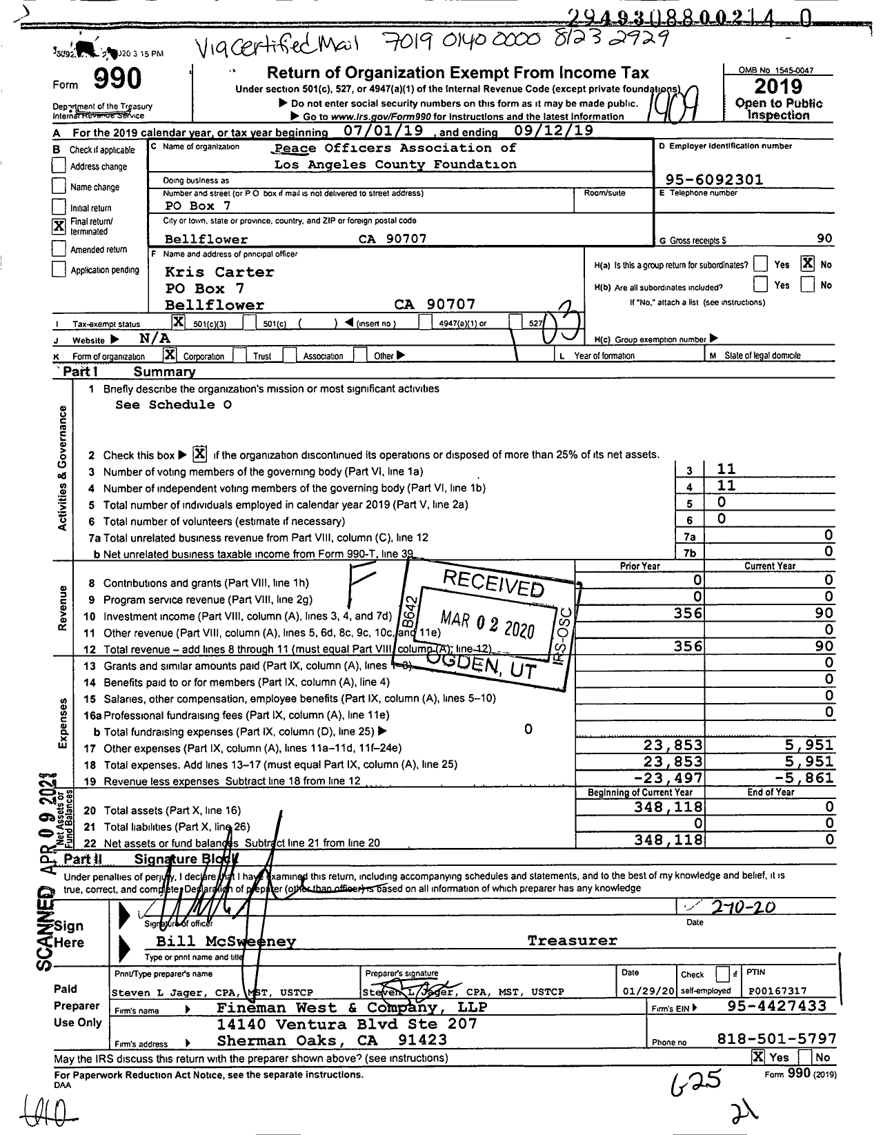 Image of first page of 2018 Form 990 for Peace Officers Association of Los Angeles County Foundation