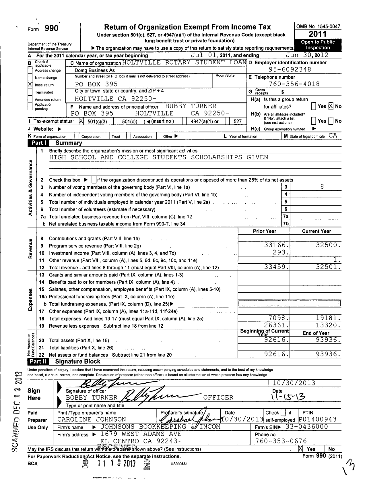 Image of first page of 2011 Form 990 for Holtville Rotary Student Loan and Scholarship Foundation