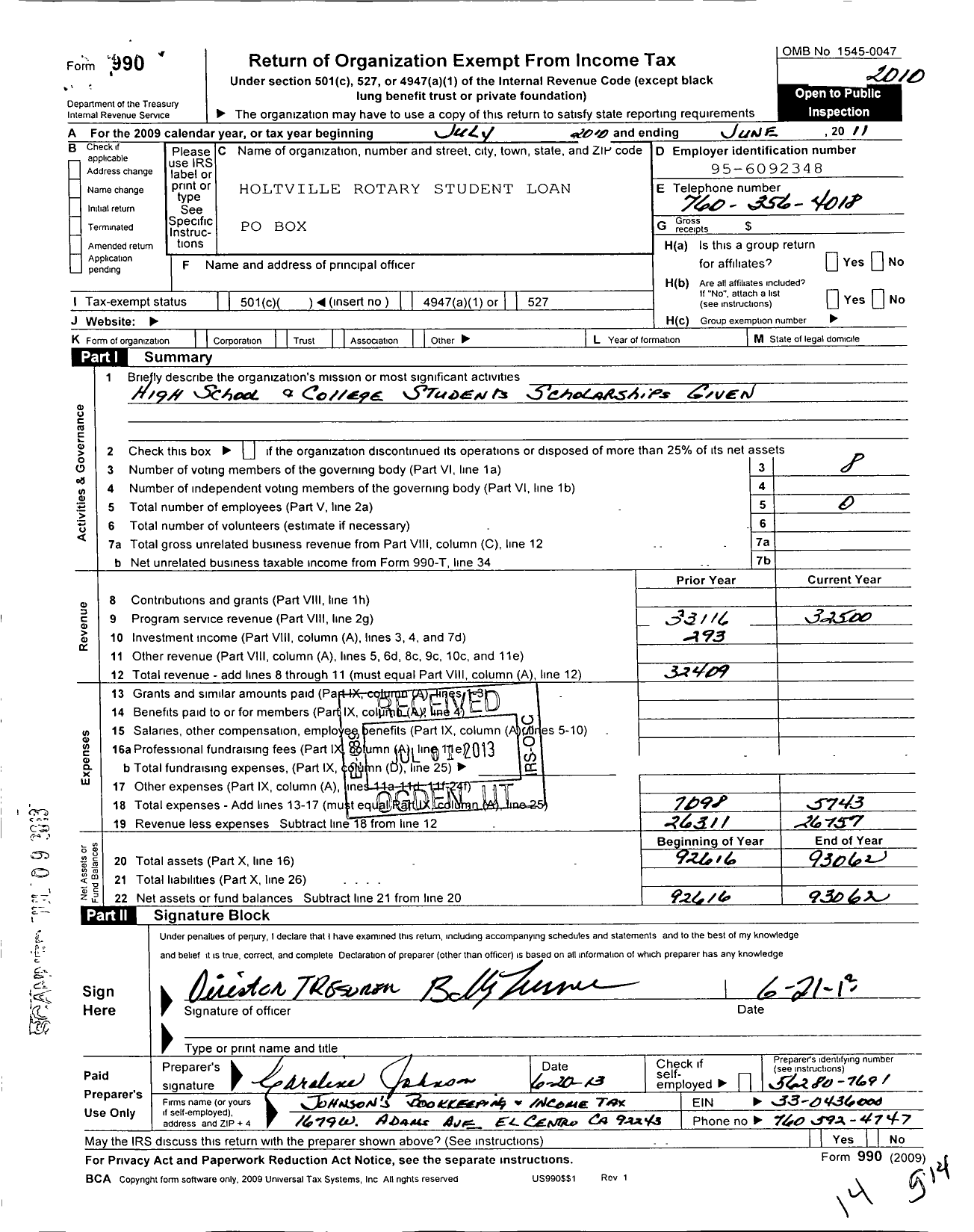 Image of first page of 2010 Form 990O for Holtville Rotary Student Loan and Scholarship Foundation