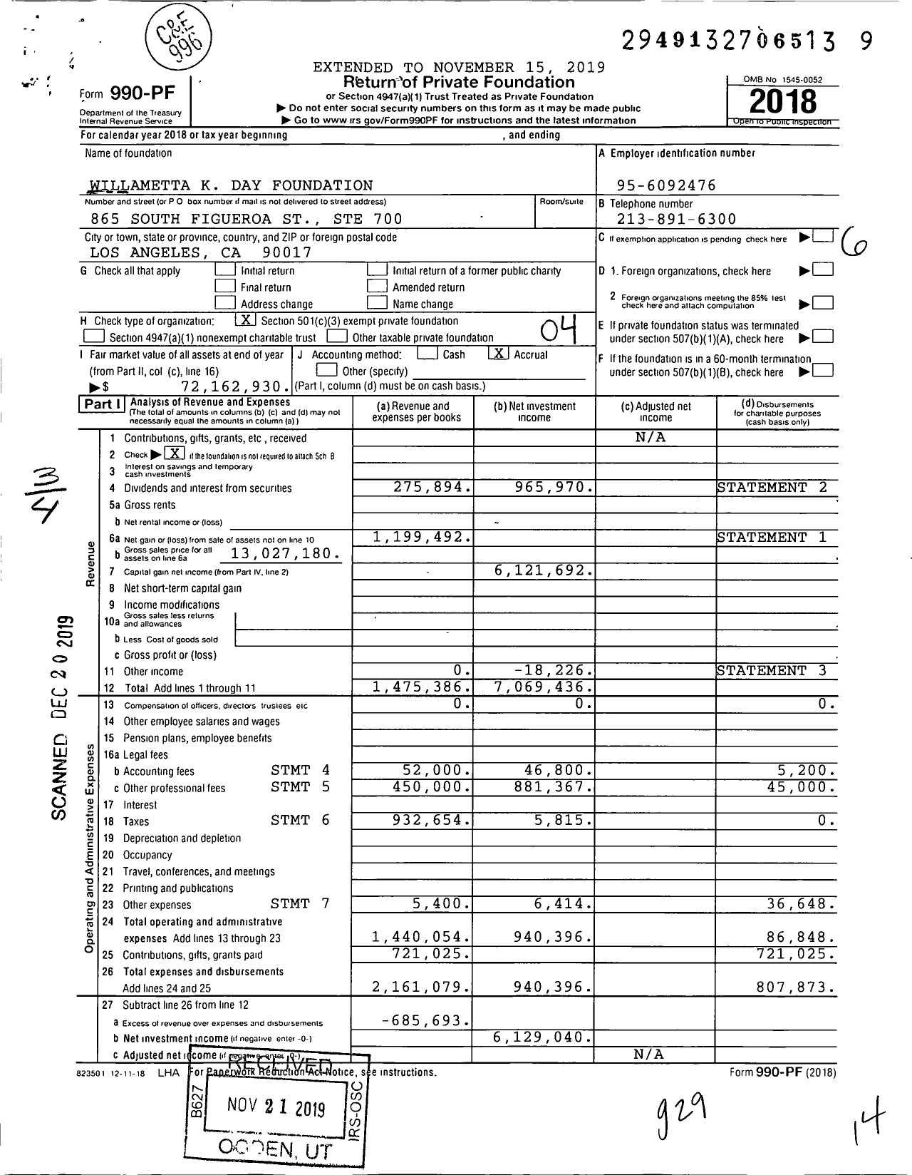 Image of first page of 2018 Form 990PF for Willametta K Day Foundation