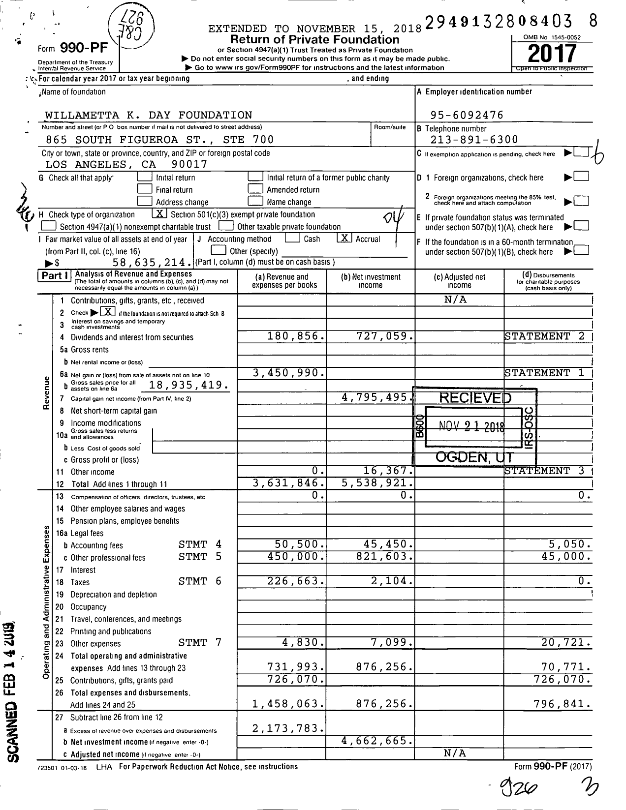 Image of first page of 2017 Form 990PF for Willametta K Day Foundation