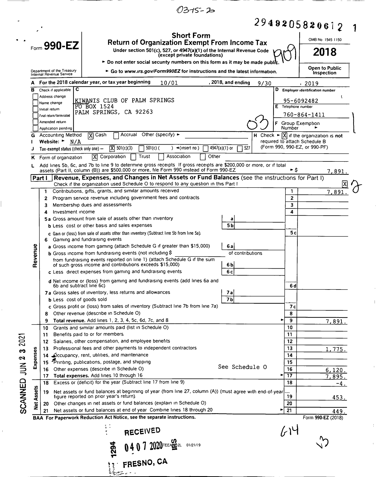 Image of first page of 2018 Form 990EZ for Kiwanis International - K03619 Palm Springs