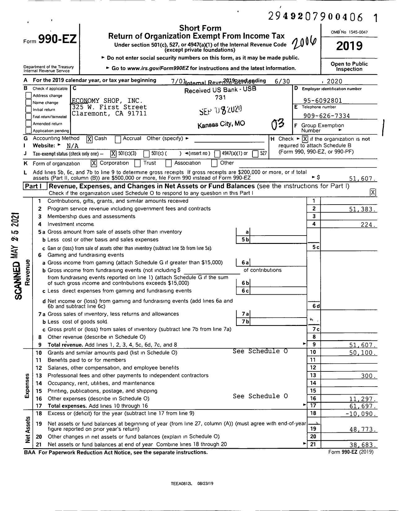 Image of first page of 2019 Form 990EZ for Economy Shop