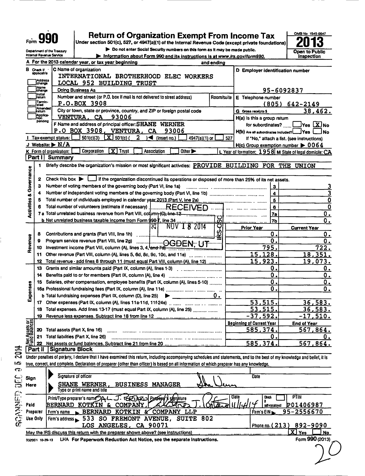 Image of first page of 2013 Form 990O for International Brotherhood of Elec Workers - Local Union 952 Building Trust