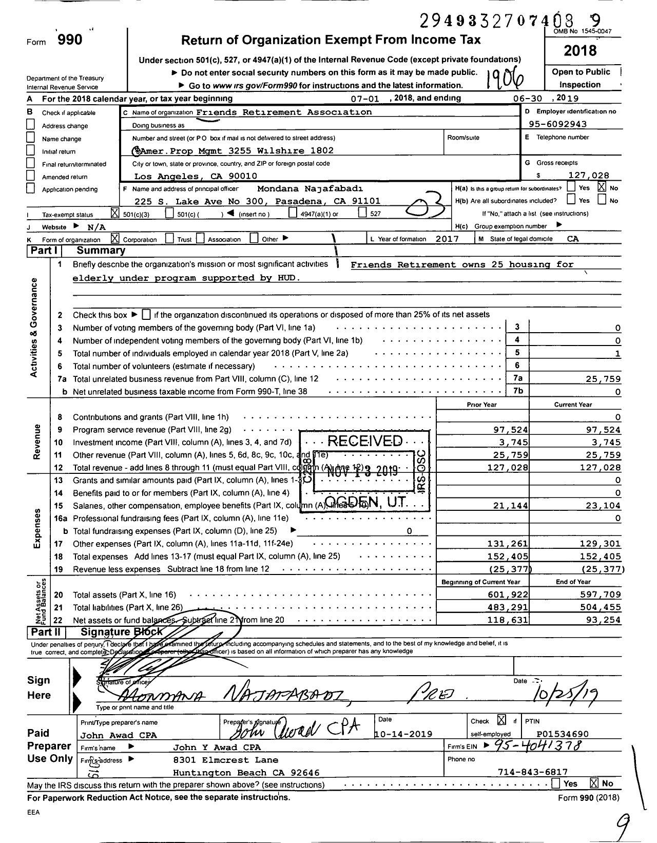 Image of first page of 2018 Form 990 for Friends Retirement Association