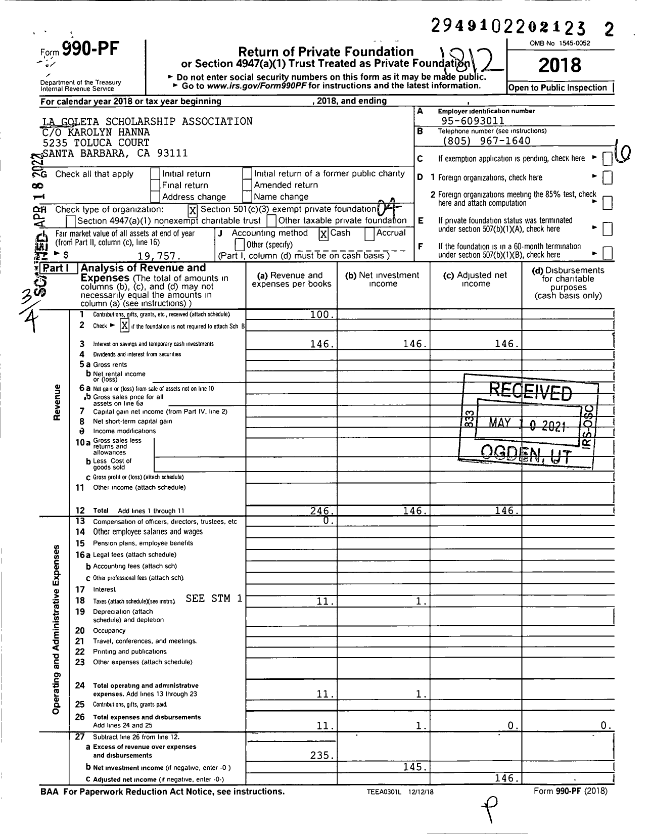 Image of first page of 2018 Form 990PF for La Goleta Scholarship Association