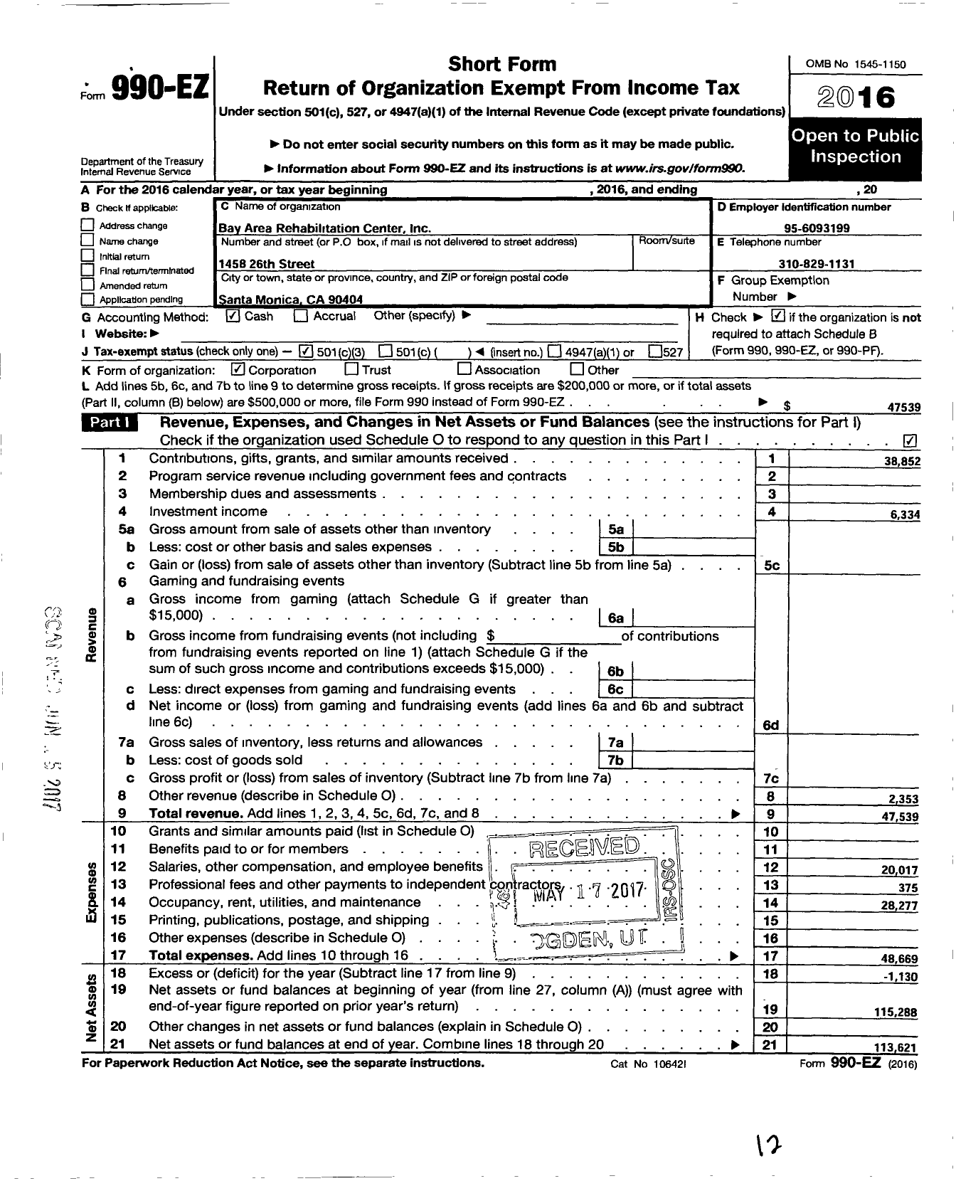 Image of first page of 2016 Form 990EZ for Bay Area Rehabilitation Center