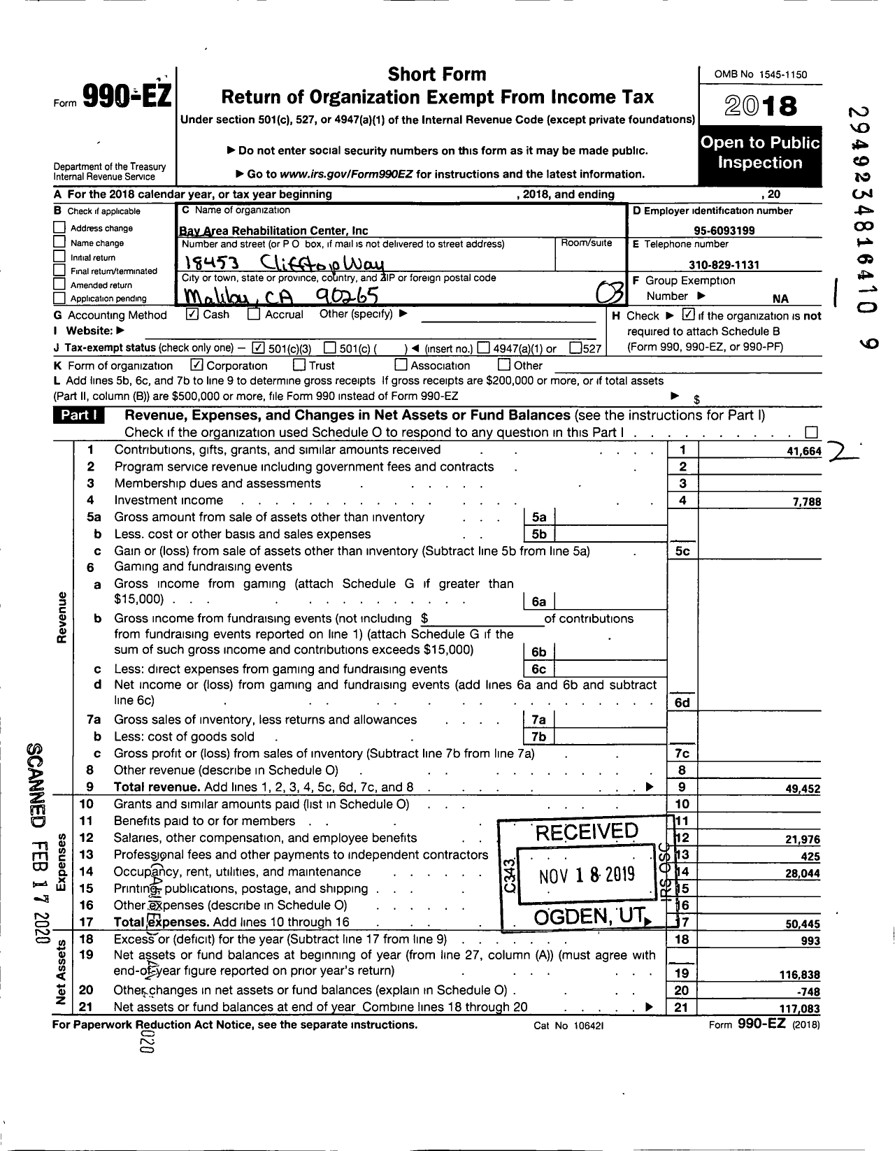 Image of first page of 2018 Form 990EZ for Bay Area Rehabilitation Center