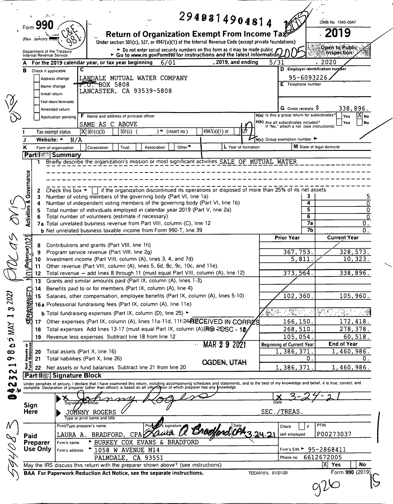 Image of first page of 2019 Form 990O for Landale Mutual Water Company