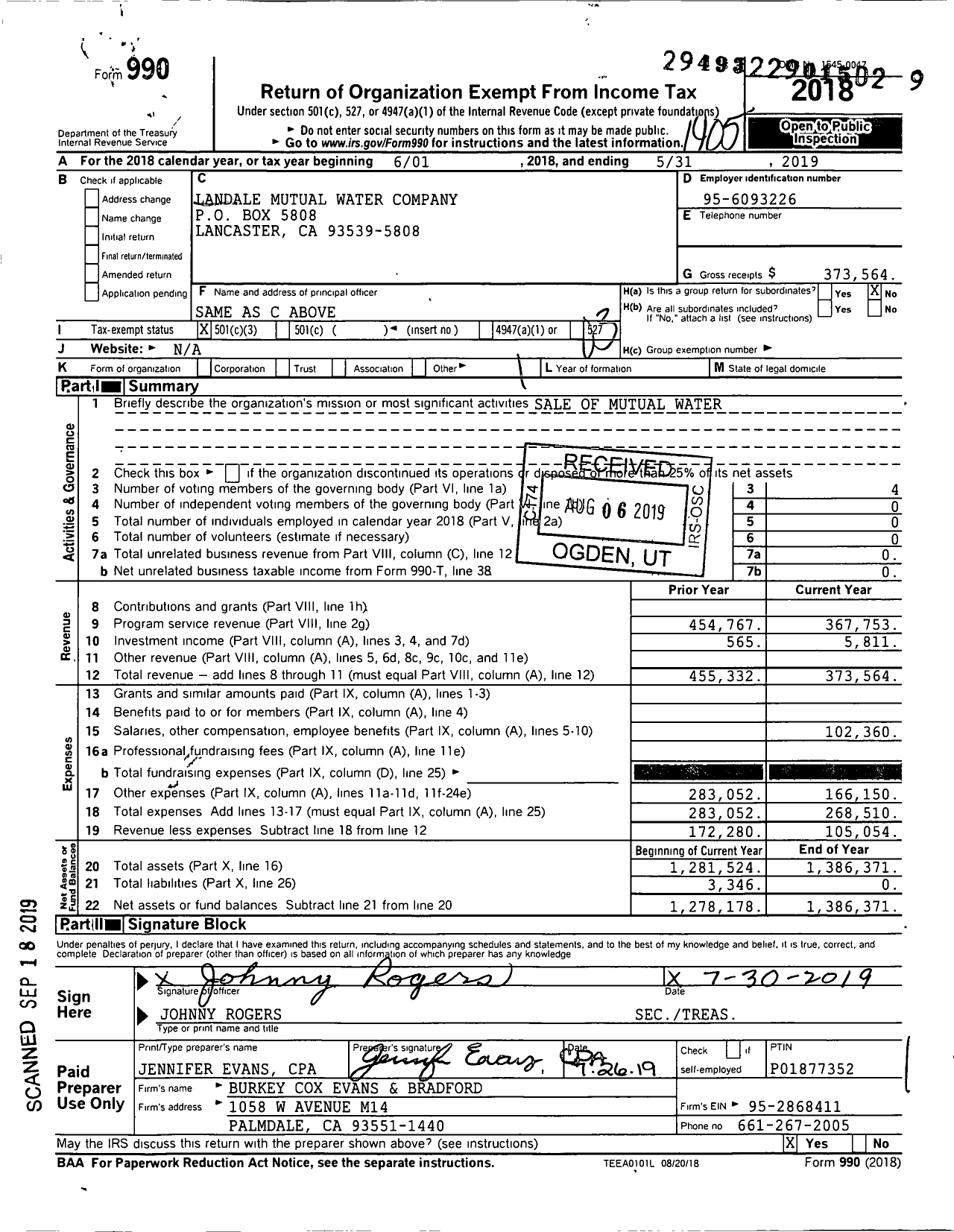 Image of first page of 2018 Form 990 for Landale Mutual Water Company