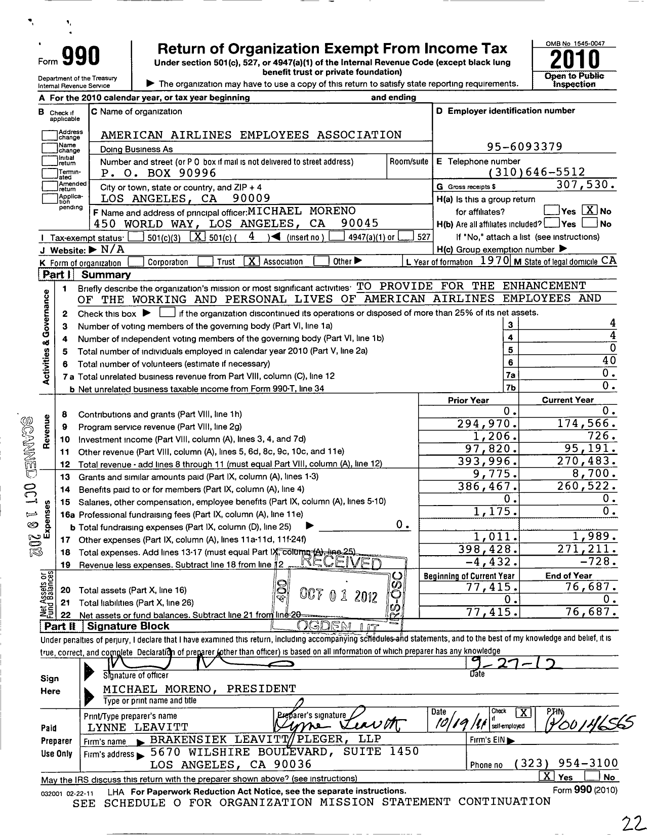 Image of first page of 2010 Form 990O for American Airlines Employees Association