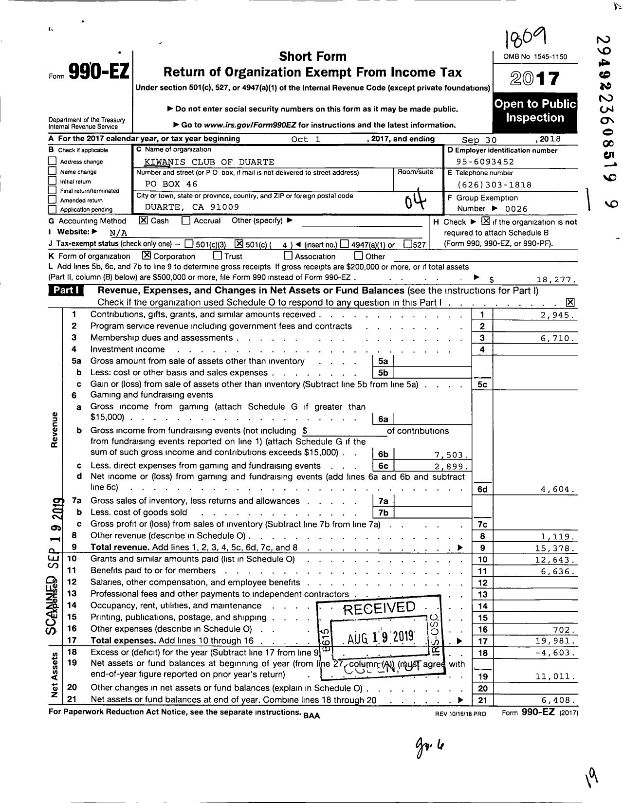 Image of first page of 2017 Form 990EO for Kiwanis International - K04488 Duarte