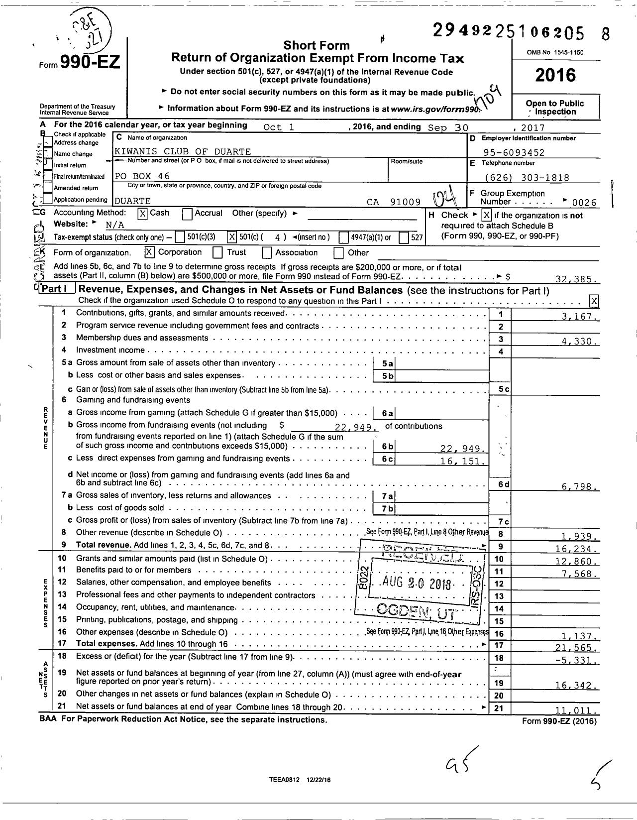 Image of first page of 2016 Form 990EO for Kiwanis International - K04488 Duarte