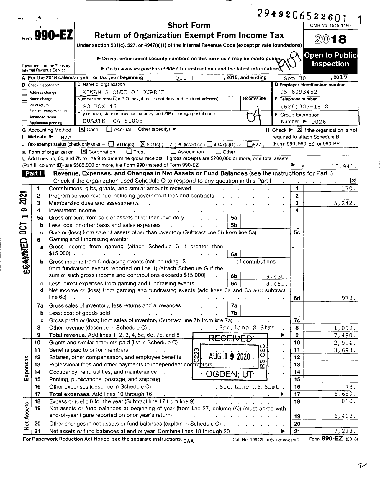 Image of first page of 2018 Form 990EO for Kiwanis International - K04488 Duarte