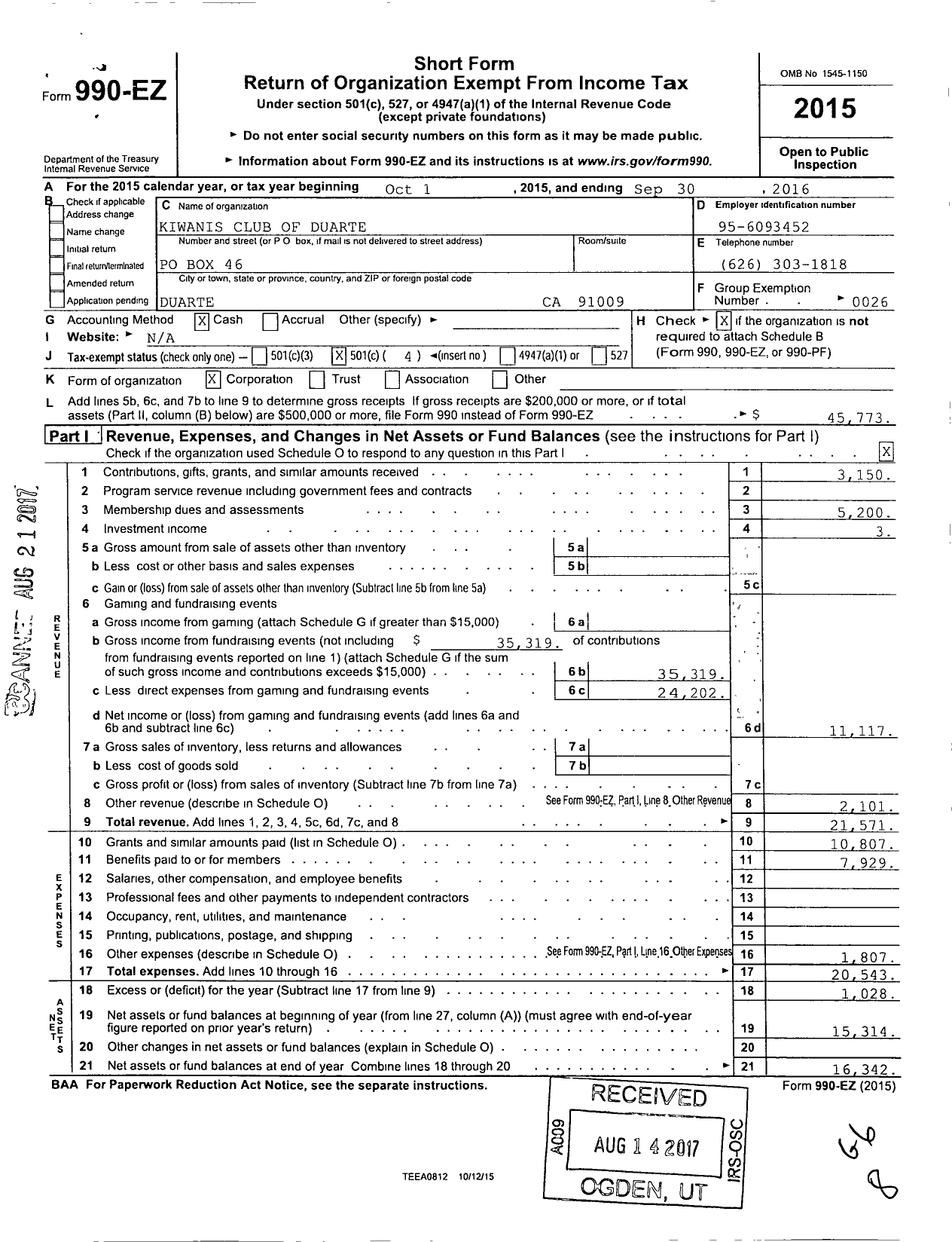 Image of first page of 2015 Form 990EO for Kiwanis International - K04488 Duarte