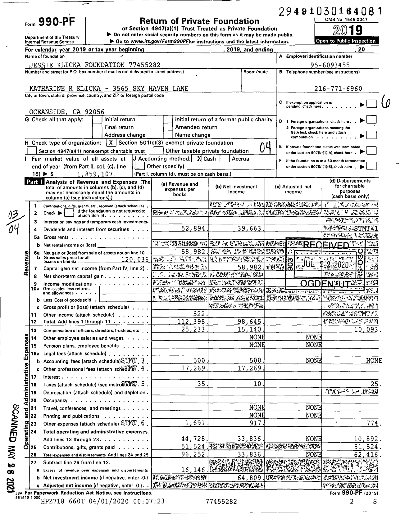 Image of first page of 2019 Form 990PF for Jessie Klicka Foundation 77455282