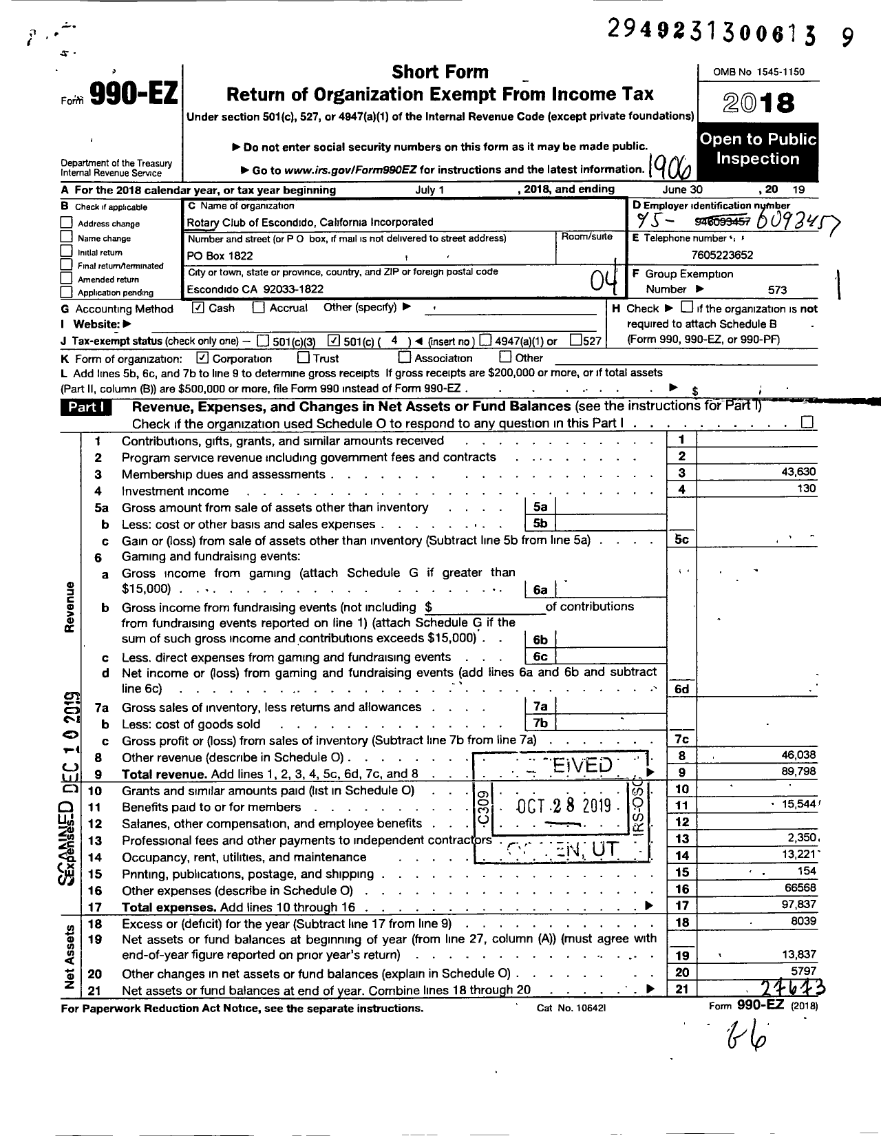 Image of first page of 2018 Form 990EO for Rotary International - Escondido