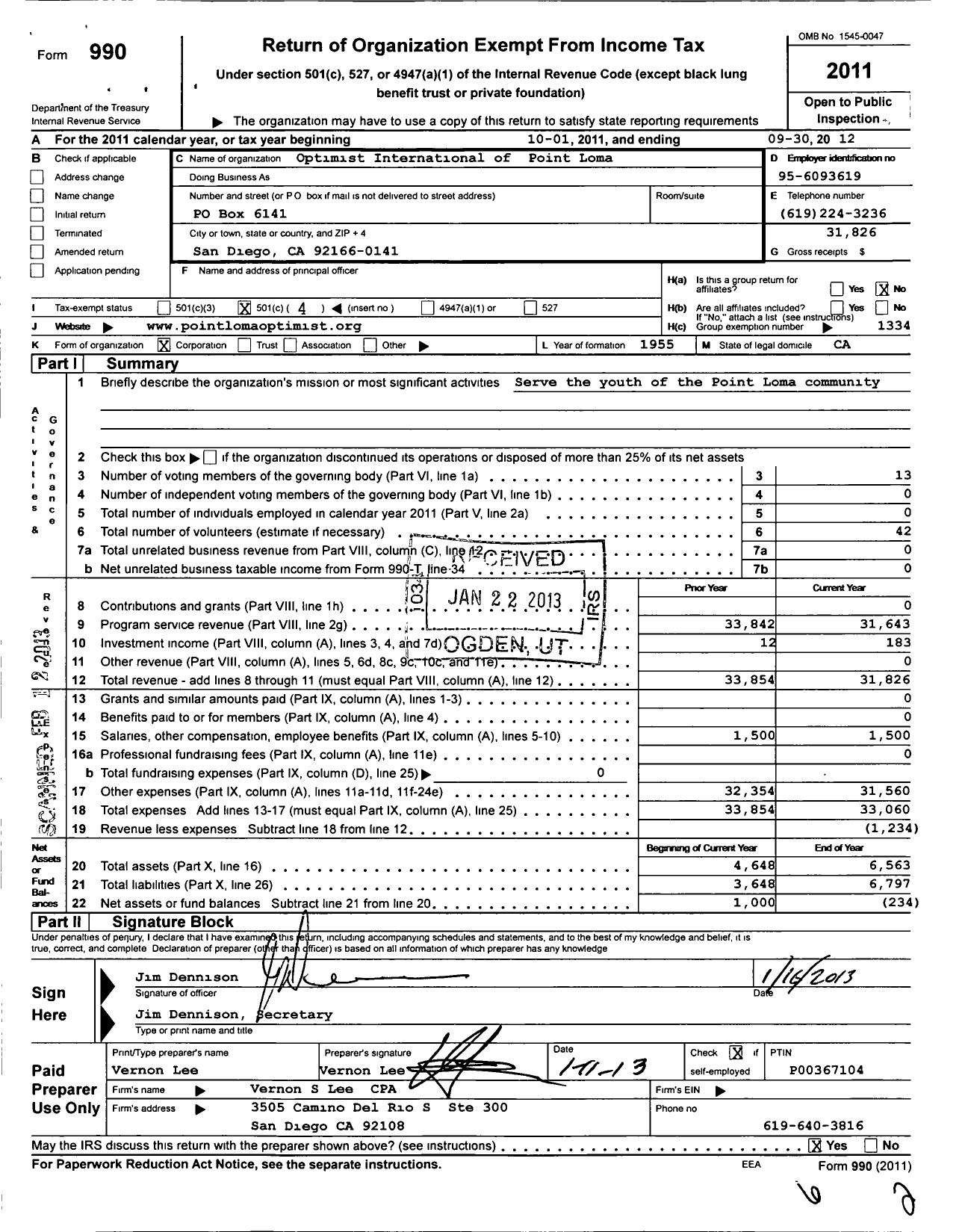 Image of first page of 2011 Form 990O for Optimist International - 41100 Opti Club San Diego Point Lom