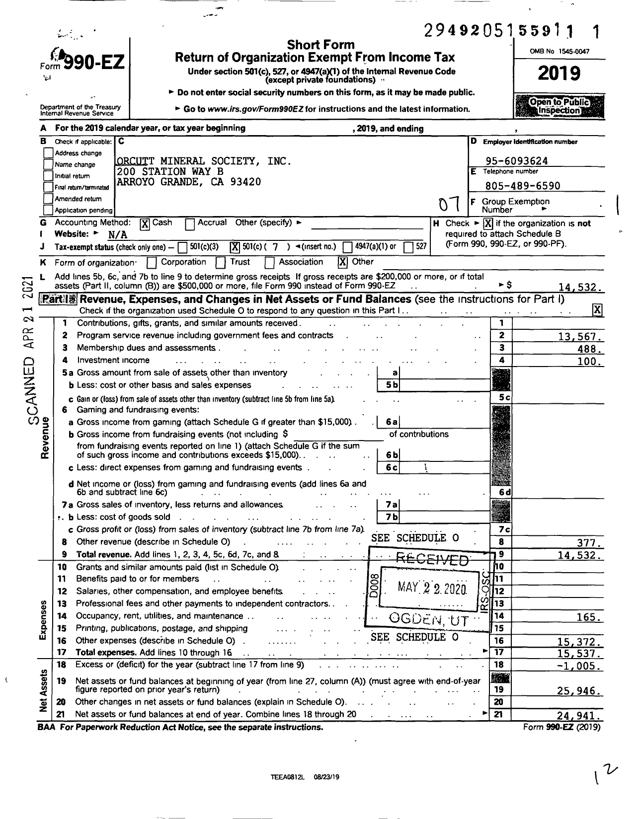 Image of first page of 2019 Form 990EO for Orcutt Mineral Society