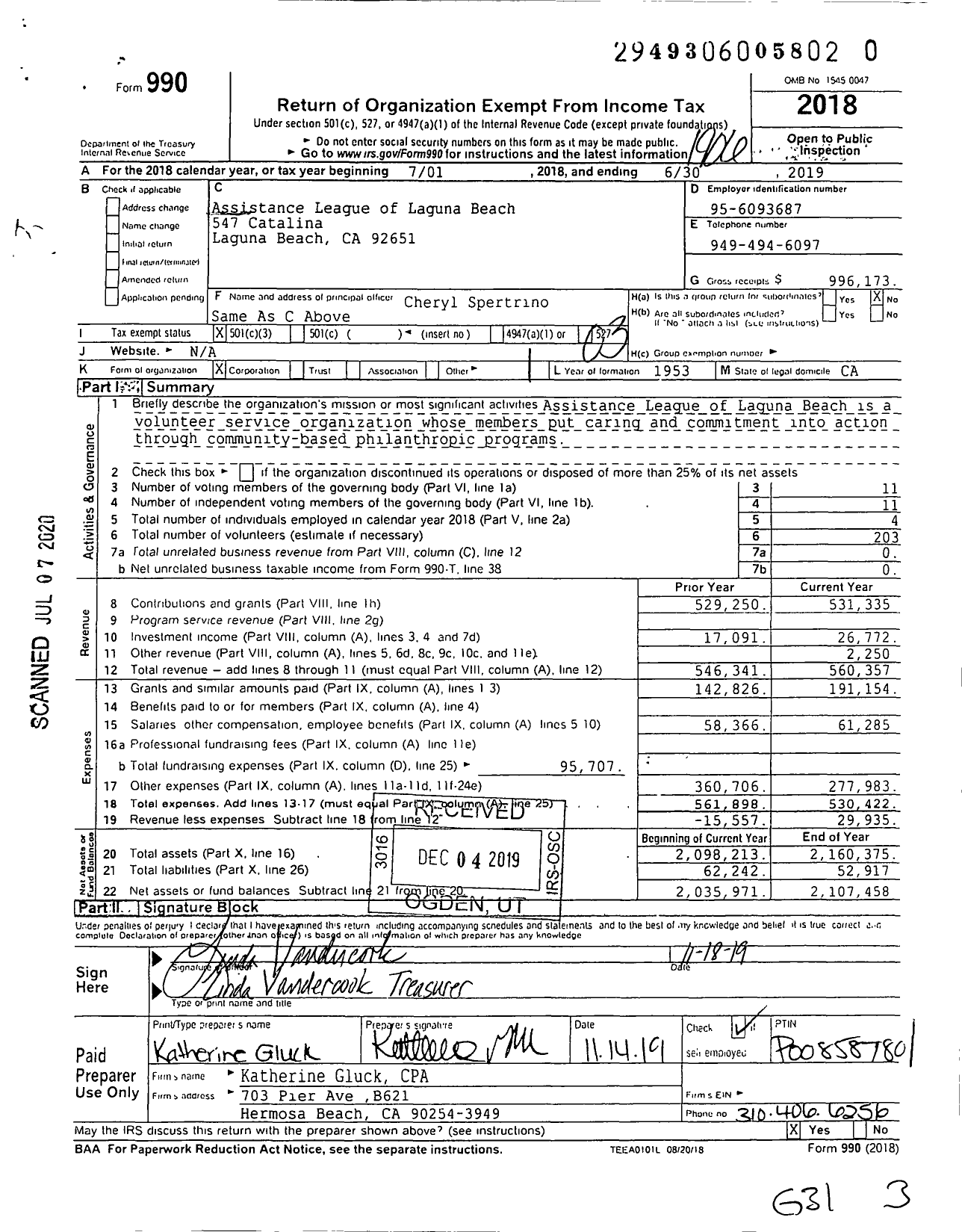 Image of first page of 2018 Form 990 for Assistance League of Laguna Beach