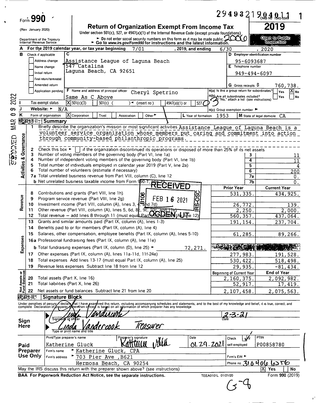 Image of first page of 2019 Form 990 for Assistance League of Laguna Beach