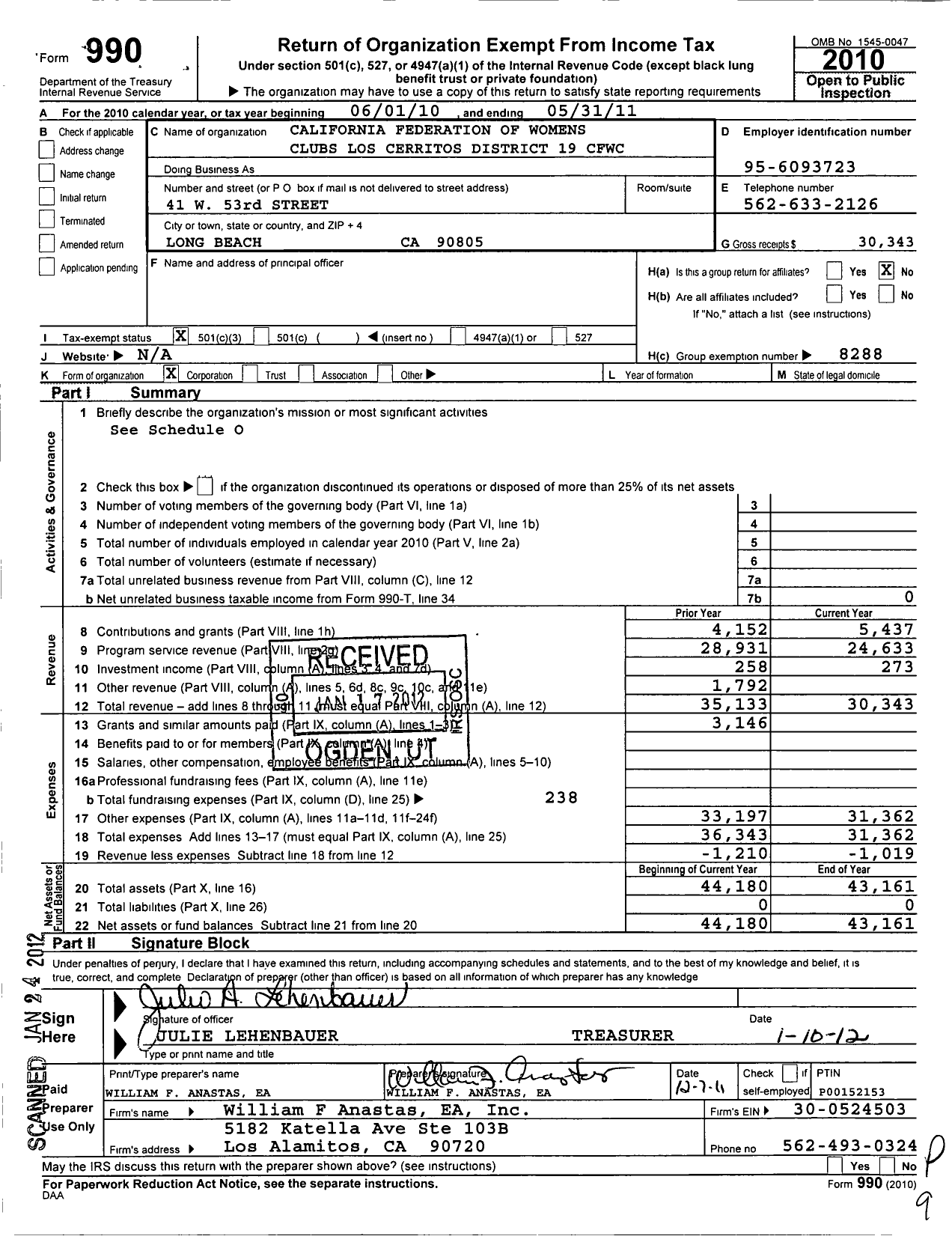 Image of first page of 2010 Form 990 for Los Cerritos District CFWC